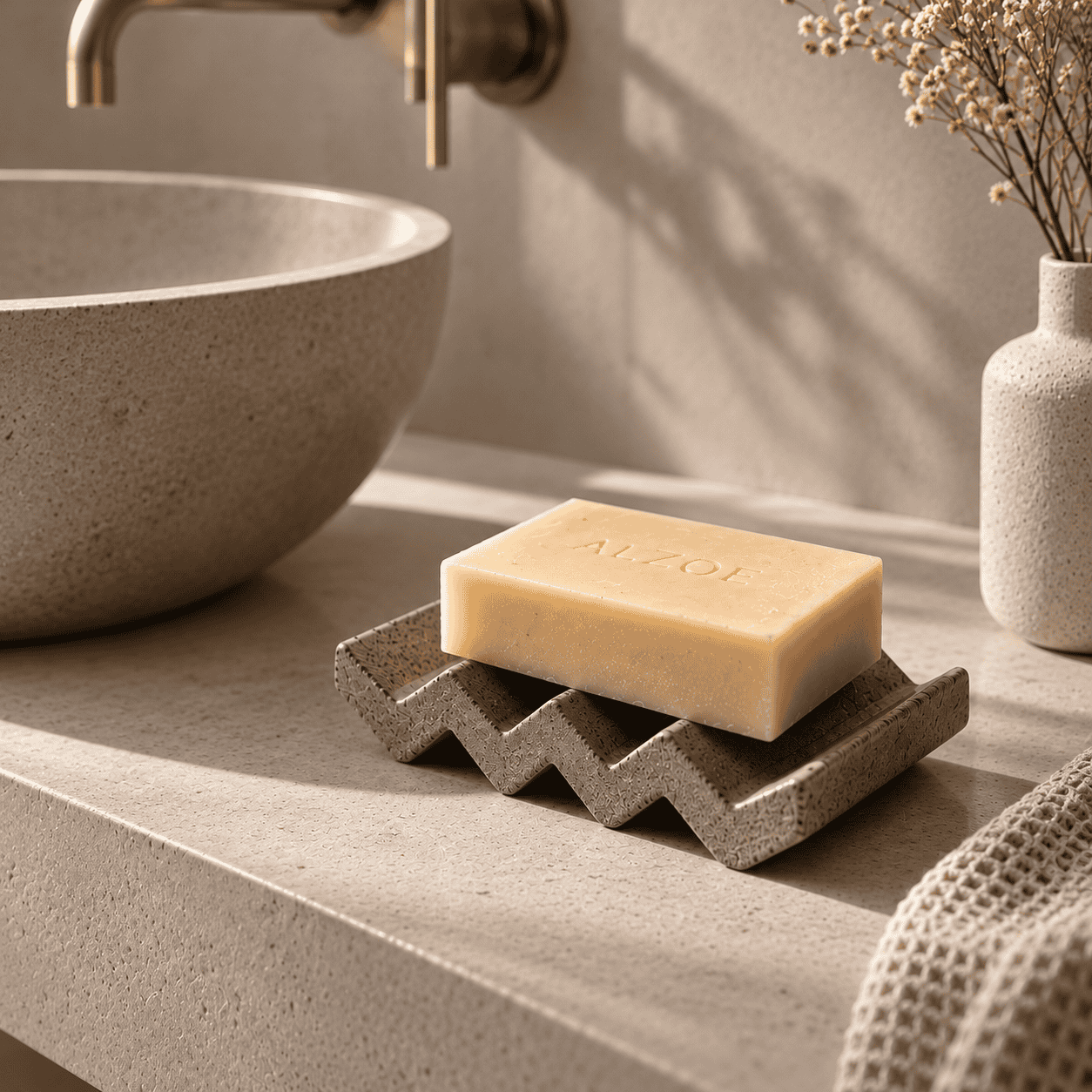 Wellenförmige Keramik-Seifenschale für ALZOE mit Naturseife auf einem Waschtisch in einem minimalistischen Badezimmer.